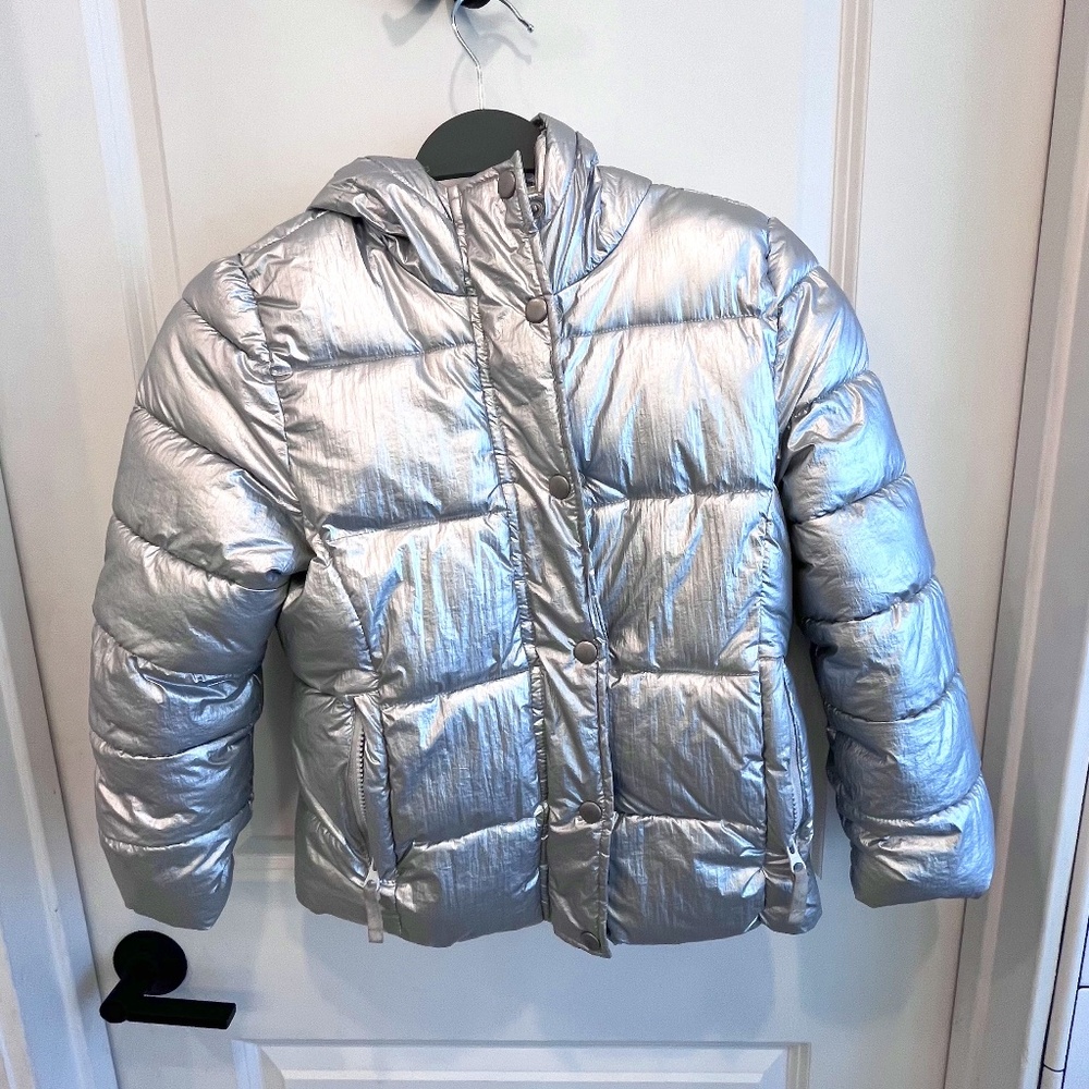 Kids Heavy Weight Hooded Puffer Jacket - Size M - Metallic Silver